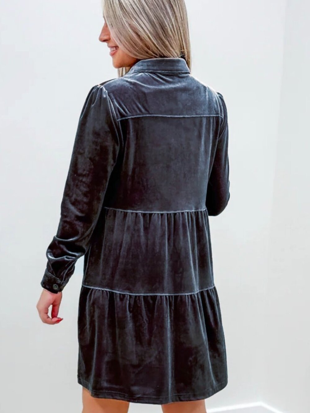 UMGEE Luxurious Velvet Long Sleeve Tiered Babydoll Style Shirt Dress W/Pockets M - Picture 3 of 9